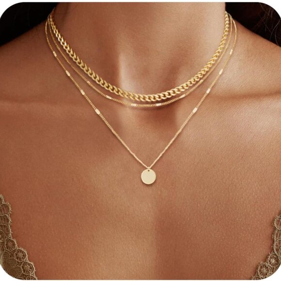 Jewelry - 14K Gold Plated Layering Necklaces For Women Gold Necklace Set, Cuban Link, Snak